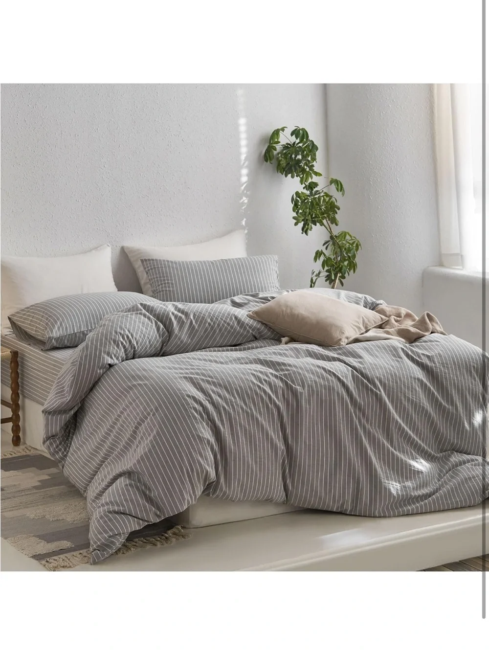 NEW MooMee Striped Duvet Cover Set 100% Washed Cotton Linen Like Texture. Grey
